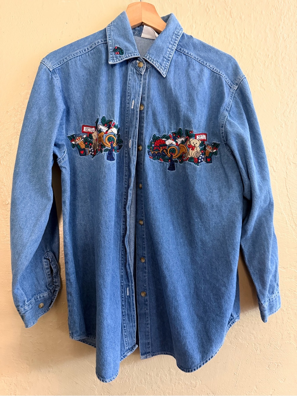 Bobbie Brooks Light Blue Denim Button-Front Shirt with Embroidered Appliqué